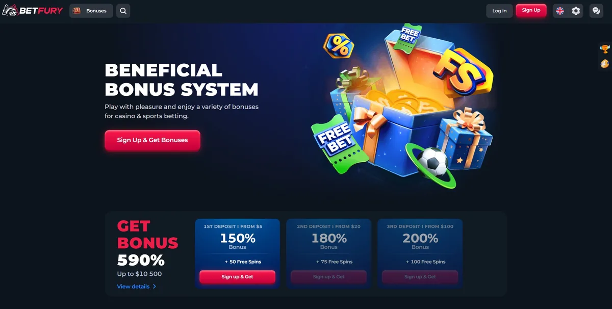 Stortingsbonussen van BetFury in treden van 150%, 180% en 200%, elk met een eigen minimale storting